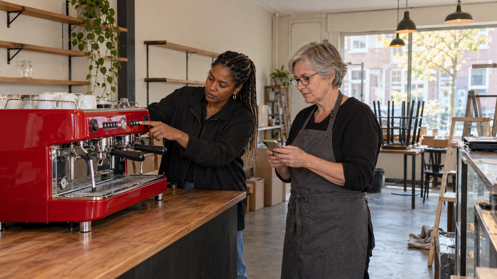 Een stoppende koffieondernemer verkoopt de rode espressomachine uit haar zaak aan een koper.