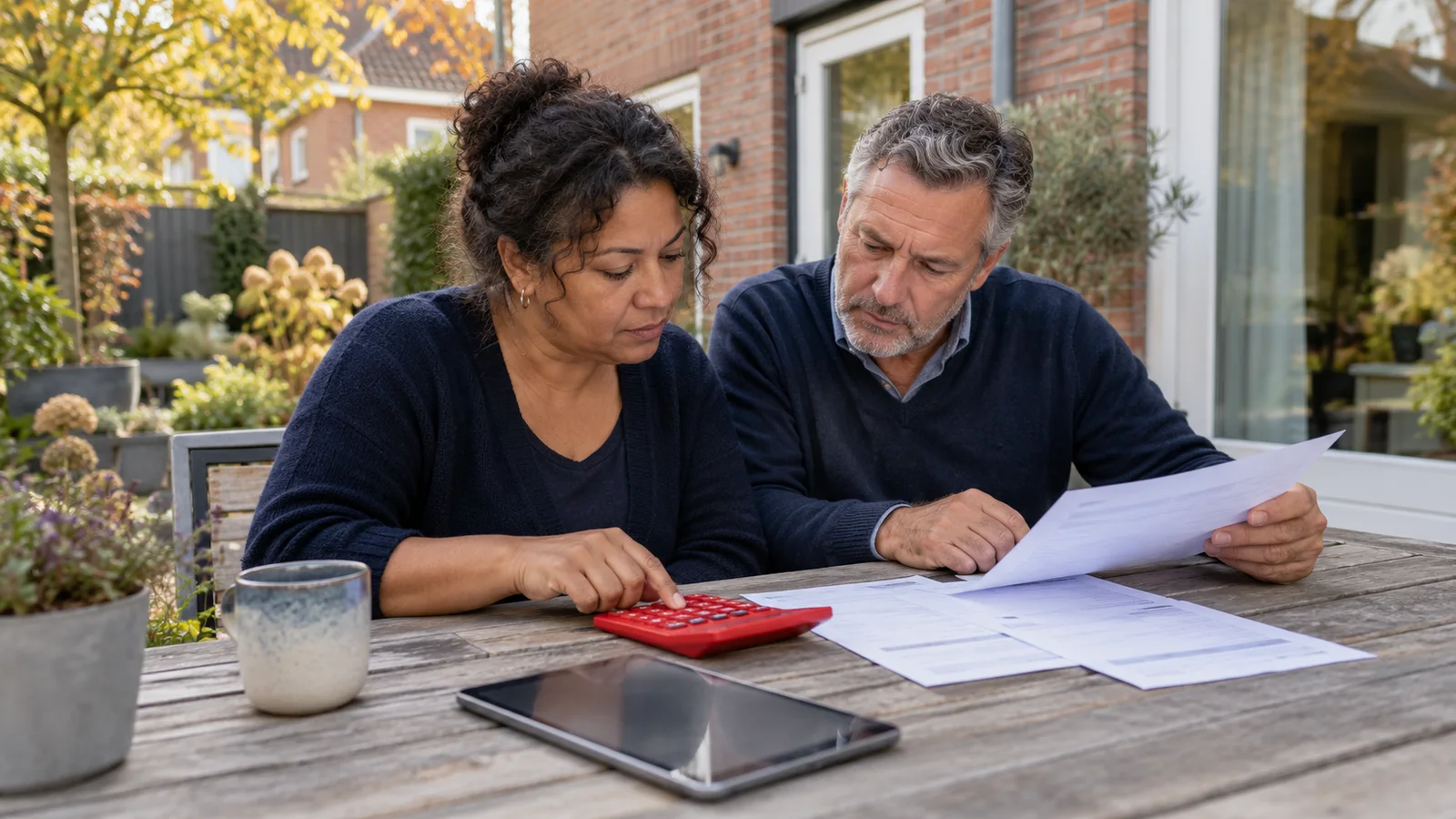Een ondernemer en zijn partner bekijken hun privéfinanciën aan de tuintafel, met afschriften, een tablet en een rekenmachine.