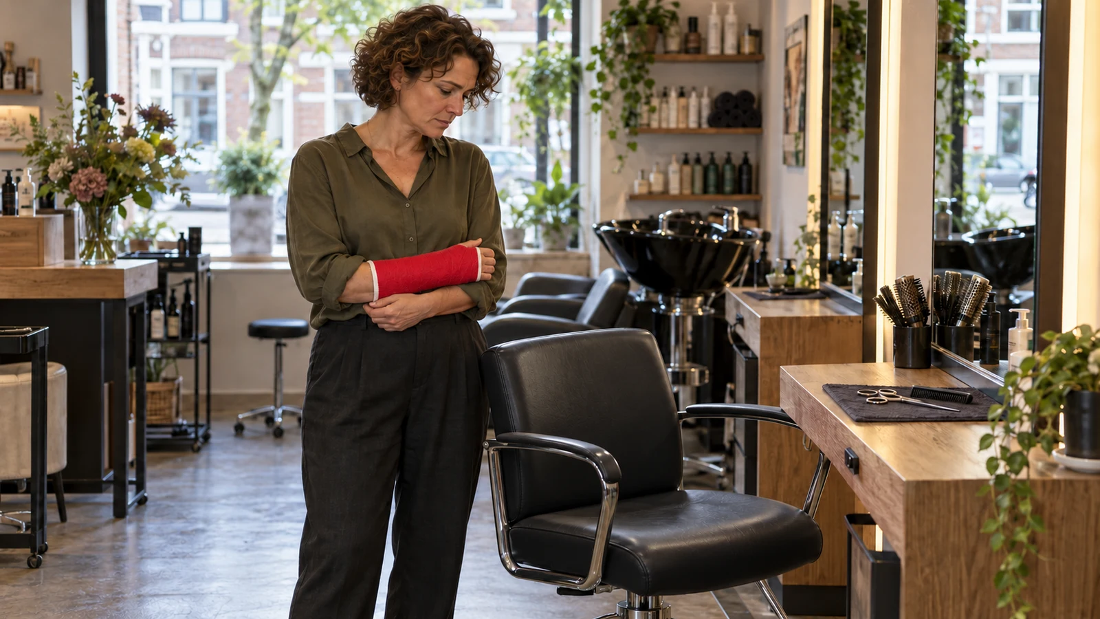 Een zelfstandig kapper met haar pols in rood gips staat naast een lege kappersstoel; haar schaar ligt ongebruikt op het werkblad.