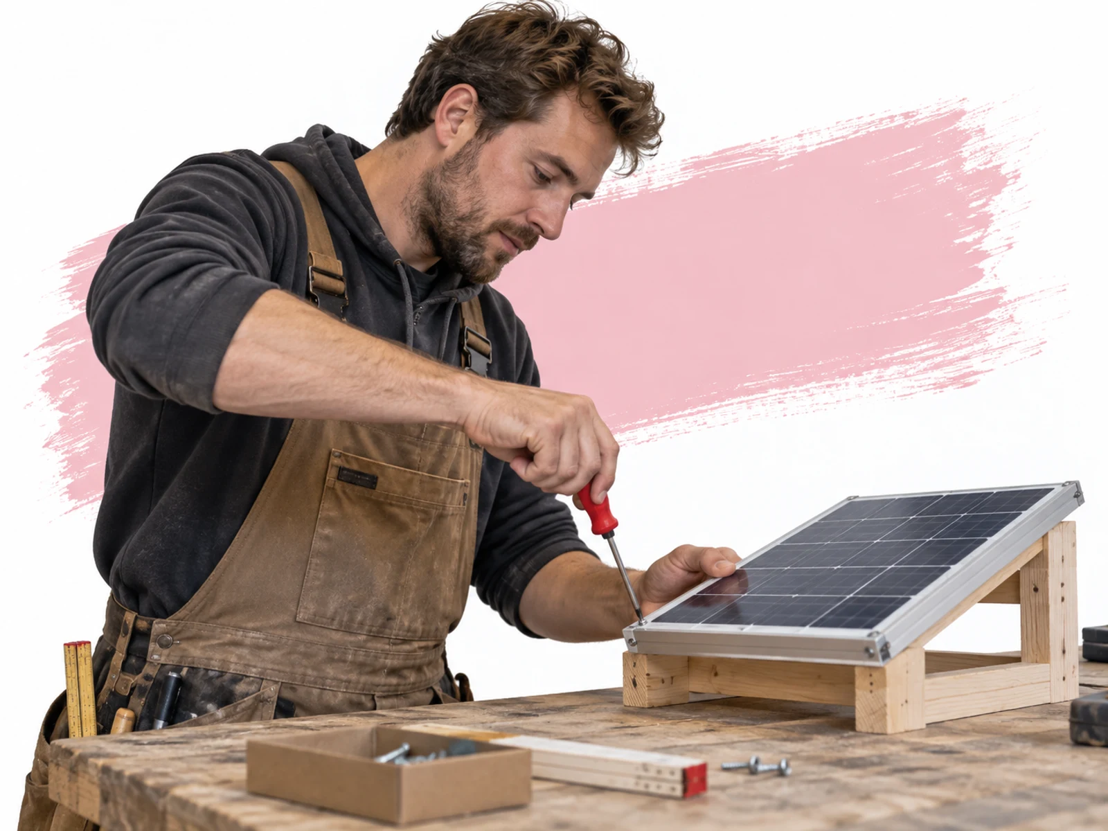 Vakman werkt aan een klein zonnepaneel.