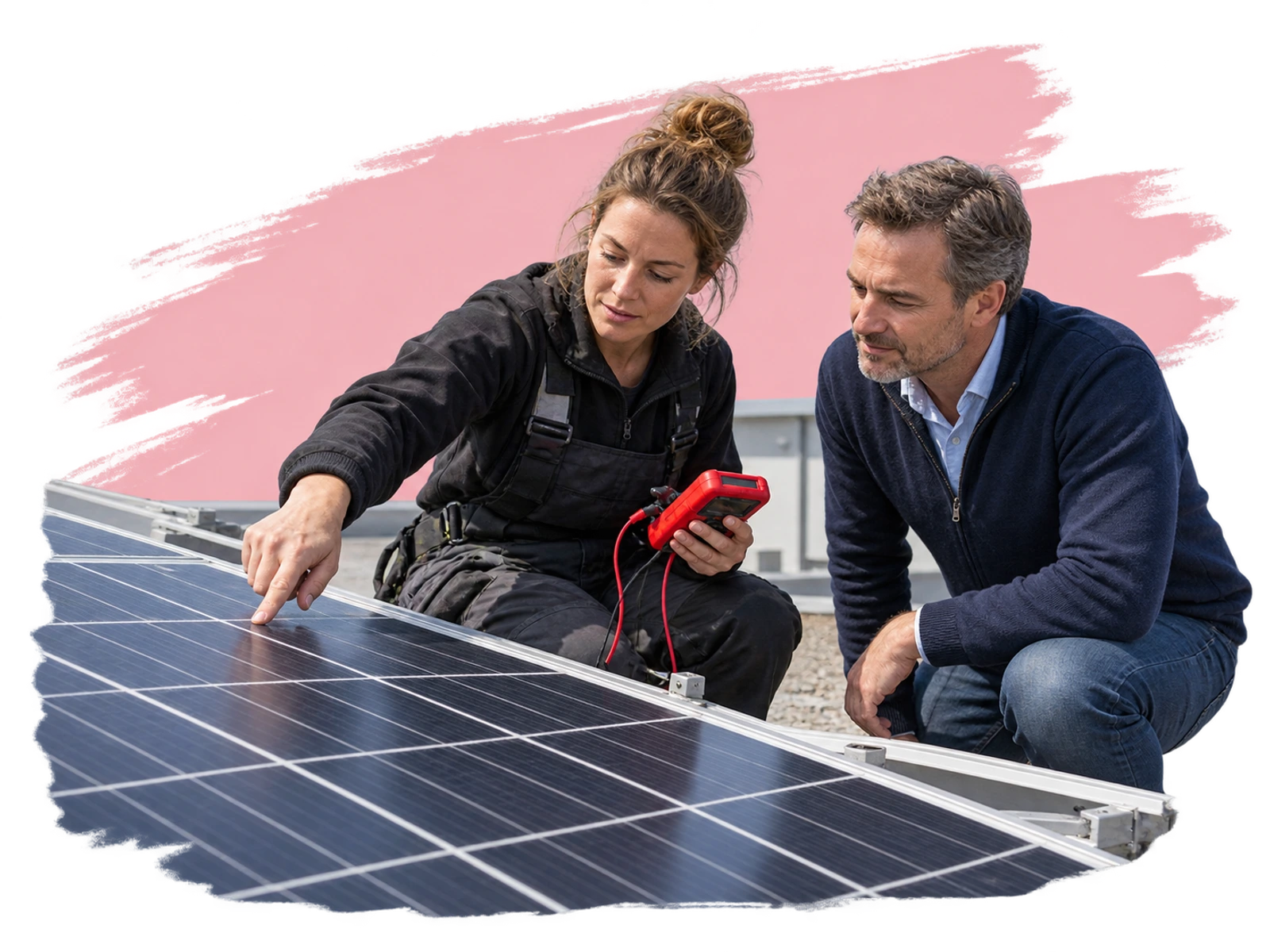 Een ondernemer en installateur controleren zonnepanelen op het bedrijfsdak.