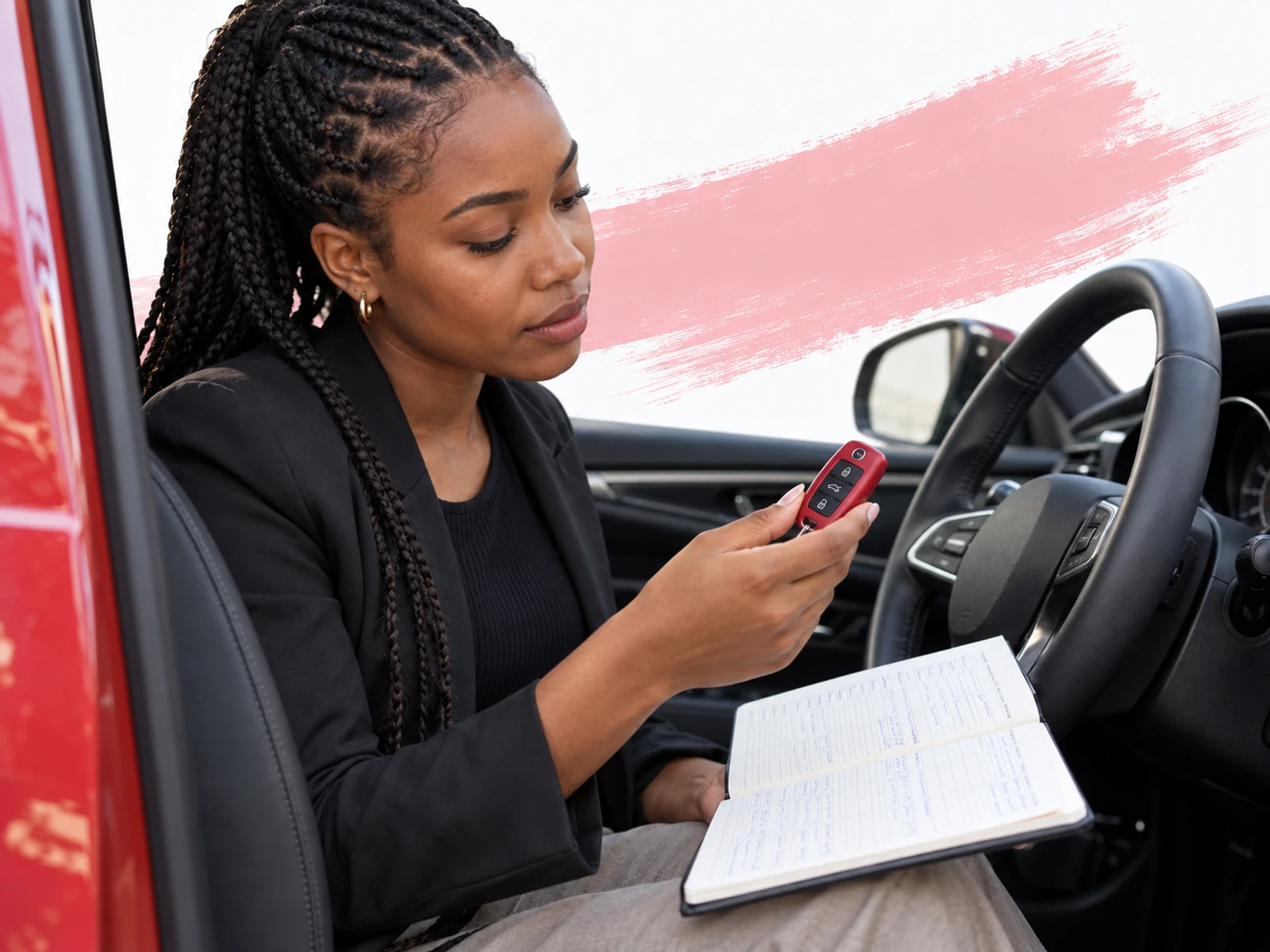 Ondernemer controleert rittenadministratie en autosleutel.