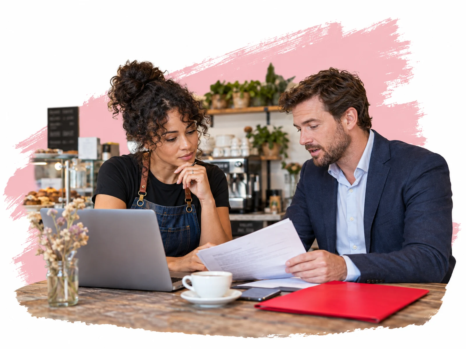Ondernemer bespreekt zakelijk krediet in een koffiebar