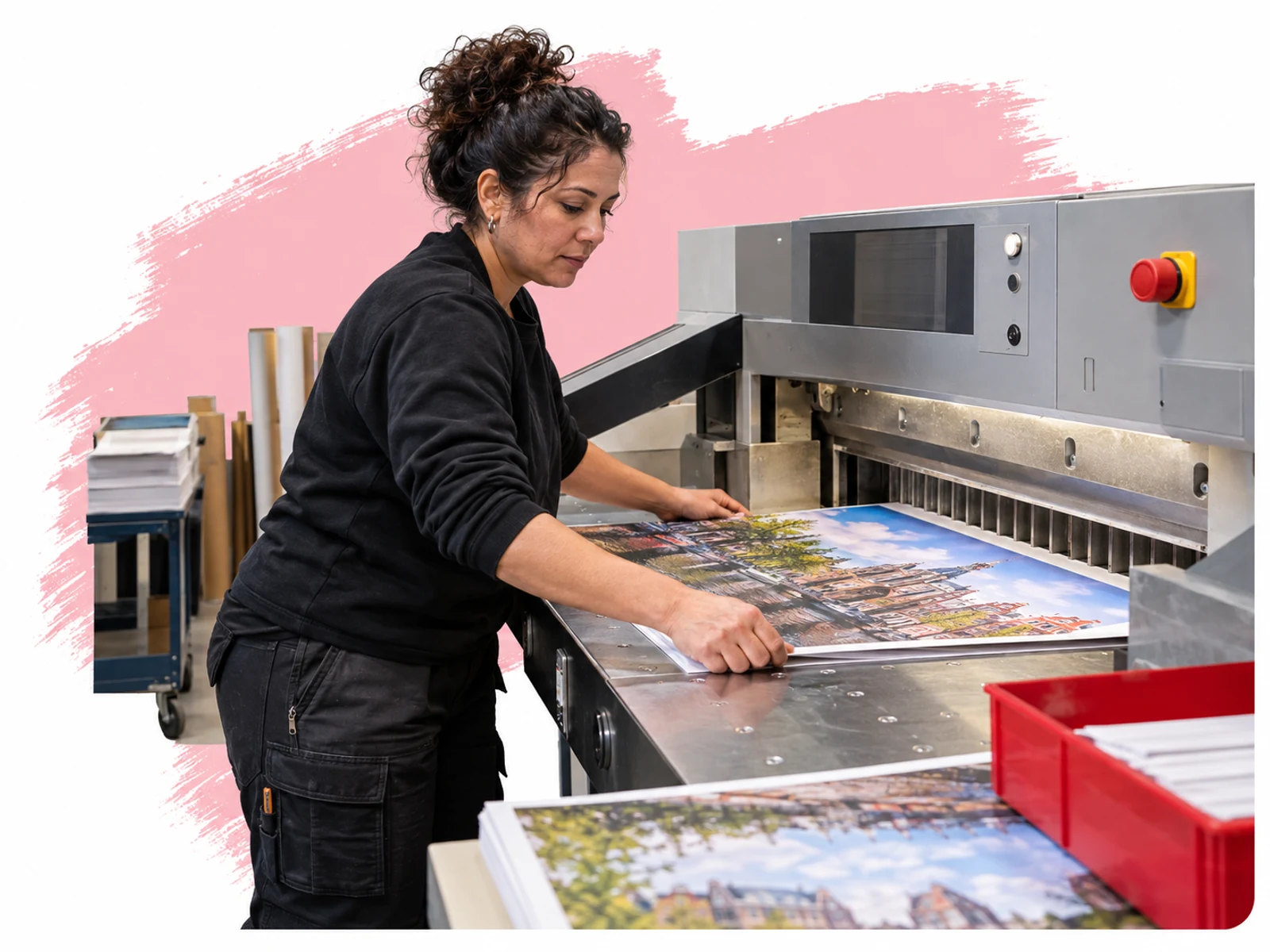 Drukker werkt aan reclame- en drukwerk
