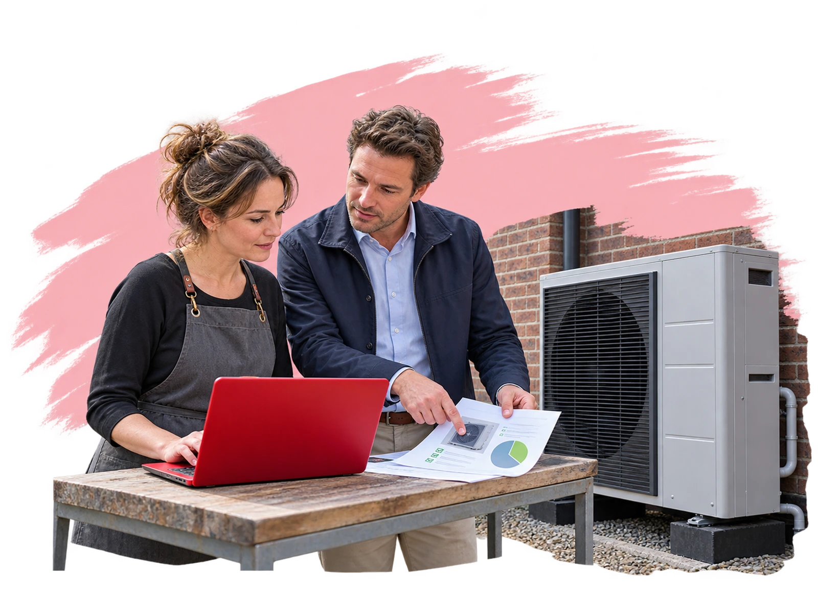 Een ondernemer en adviseur vragen financiering aan voor een duurzame bedrijfsinvestering met warmtepomp.