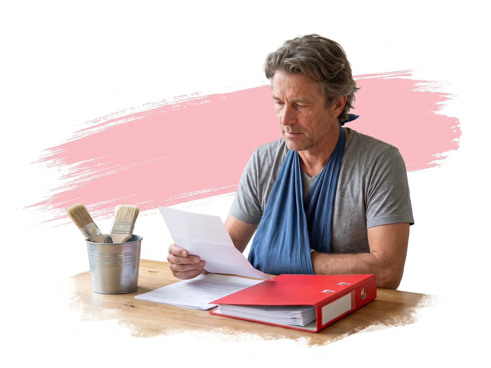 Zelfstandige schilder met zijn arm in een mitella leest zijn arbeidsongeschiktheidspolis.