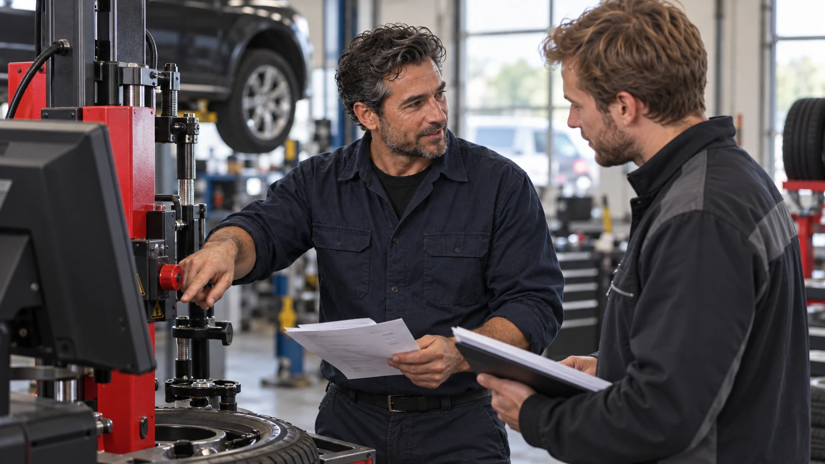 Garagehouder controleert met een leverancier een werkplaatsmachine en bijbehorende aankoopstukken.