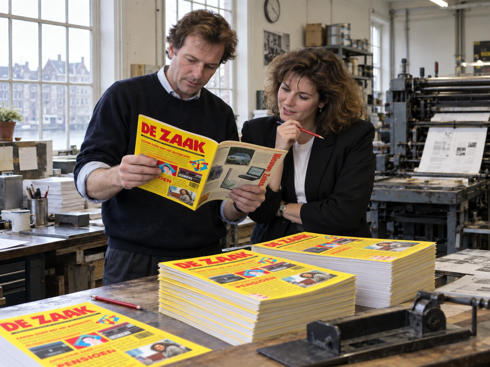 Het eerste team van De Zaak overlegt rond een tafel met tijdschriften en documenten.