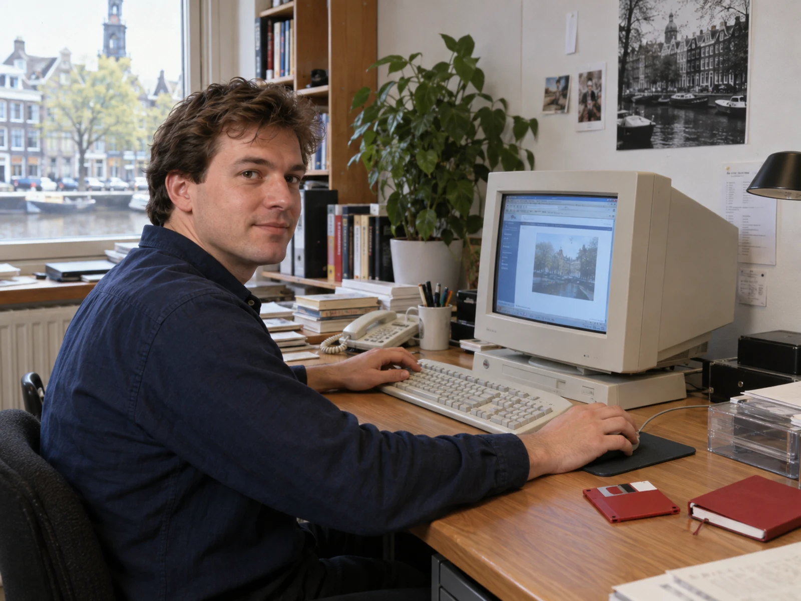 Medewerker van De Zaak werkt achter een desktopcomputer in het kantoor.