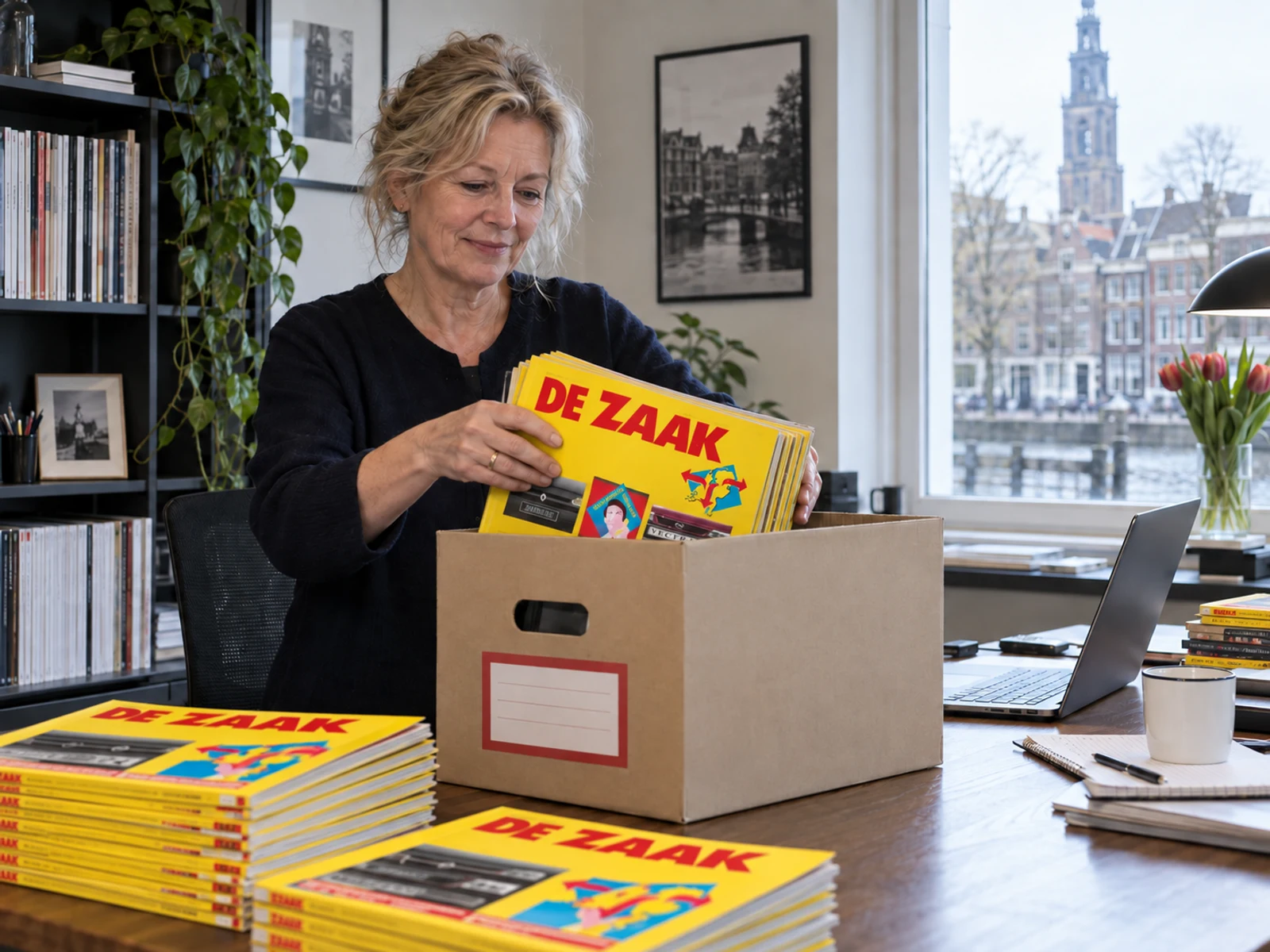Medewerker pakt de laatste papieren magazines van De Zaak in dozen.