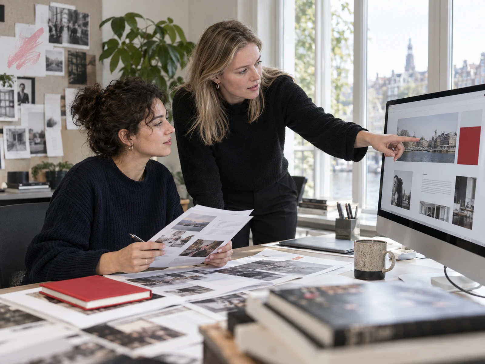 Drie medewerkers bekijken samen het nieuwe ontwerp van De Zaak.