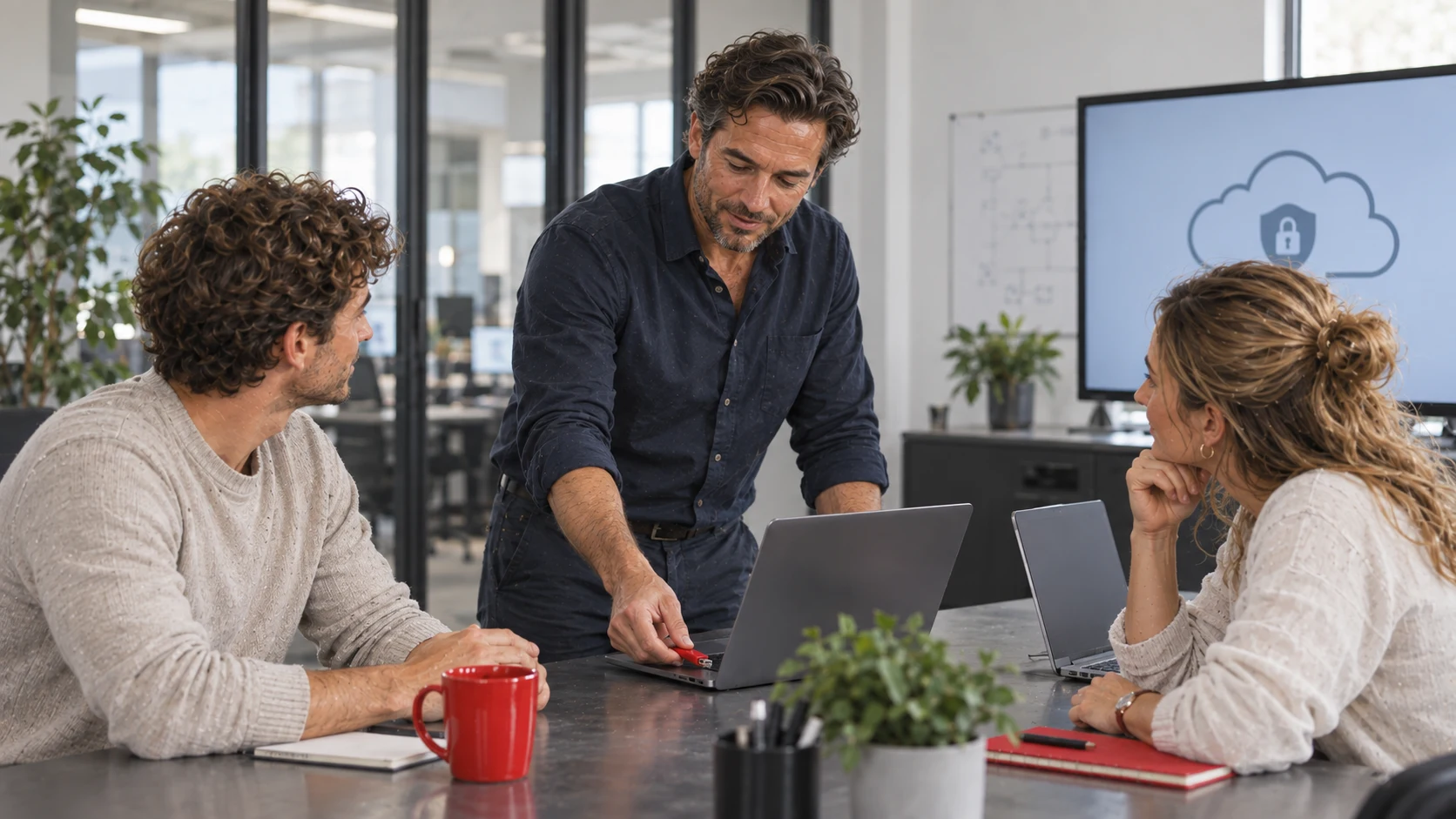 IT-adviseur helpt twee collega’s bij veilig werken op een laptop.