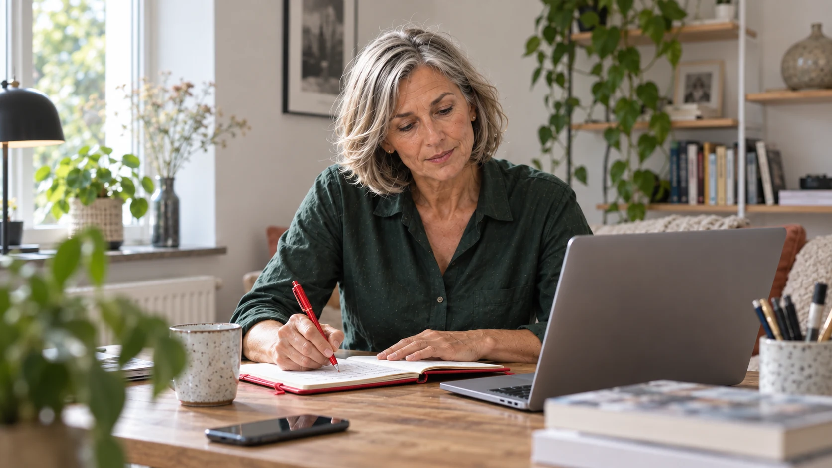 Ondernemer werkt aan een compacte thuiswerkplek met laptop en rode notitieboek.