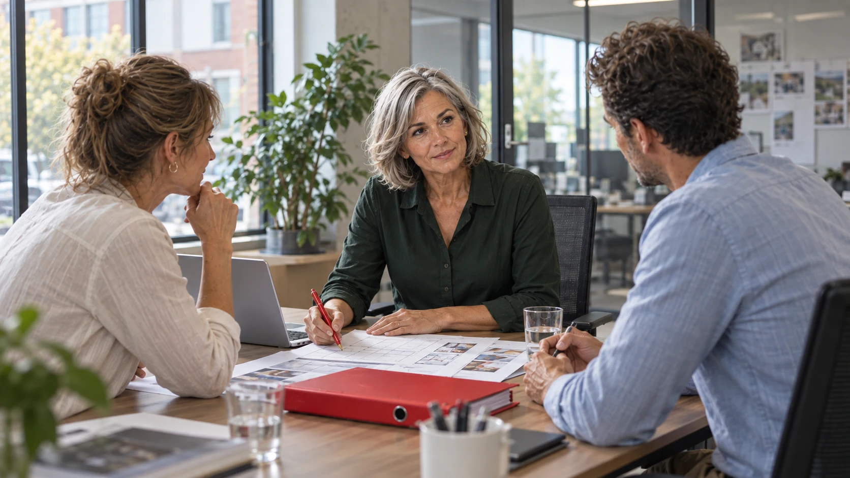 Ondernemer bespreekt schriftelijke afspraken met twee gesprekspartners.