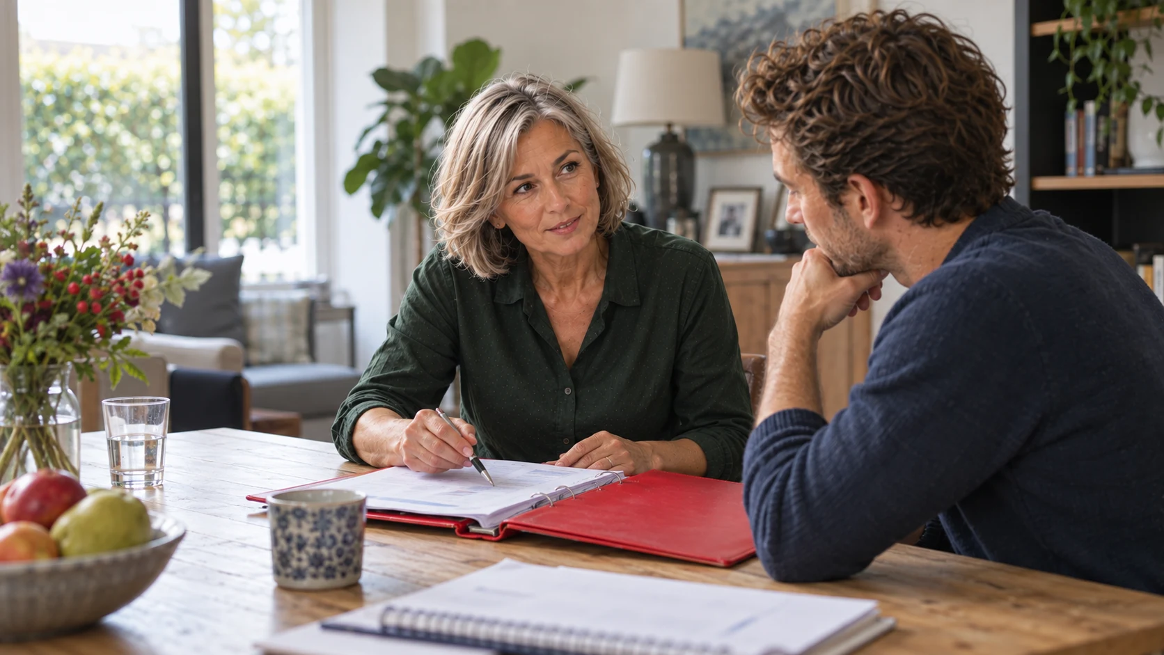 Oudere ondernemer bespreekt een overdracht van privévermogen met een volwassen familielid.