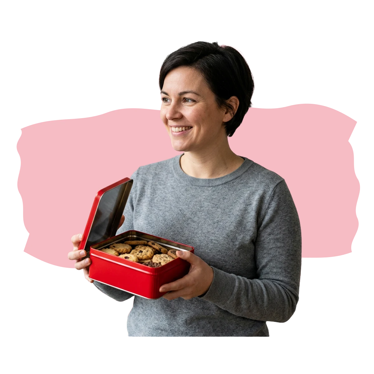 Ondernemer houdt een open rode koektrommel met koekjes vast.