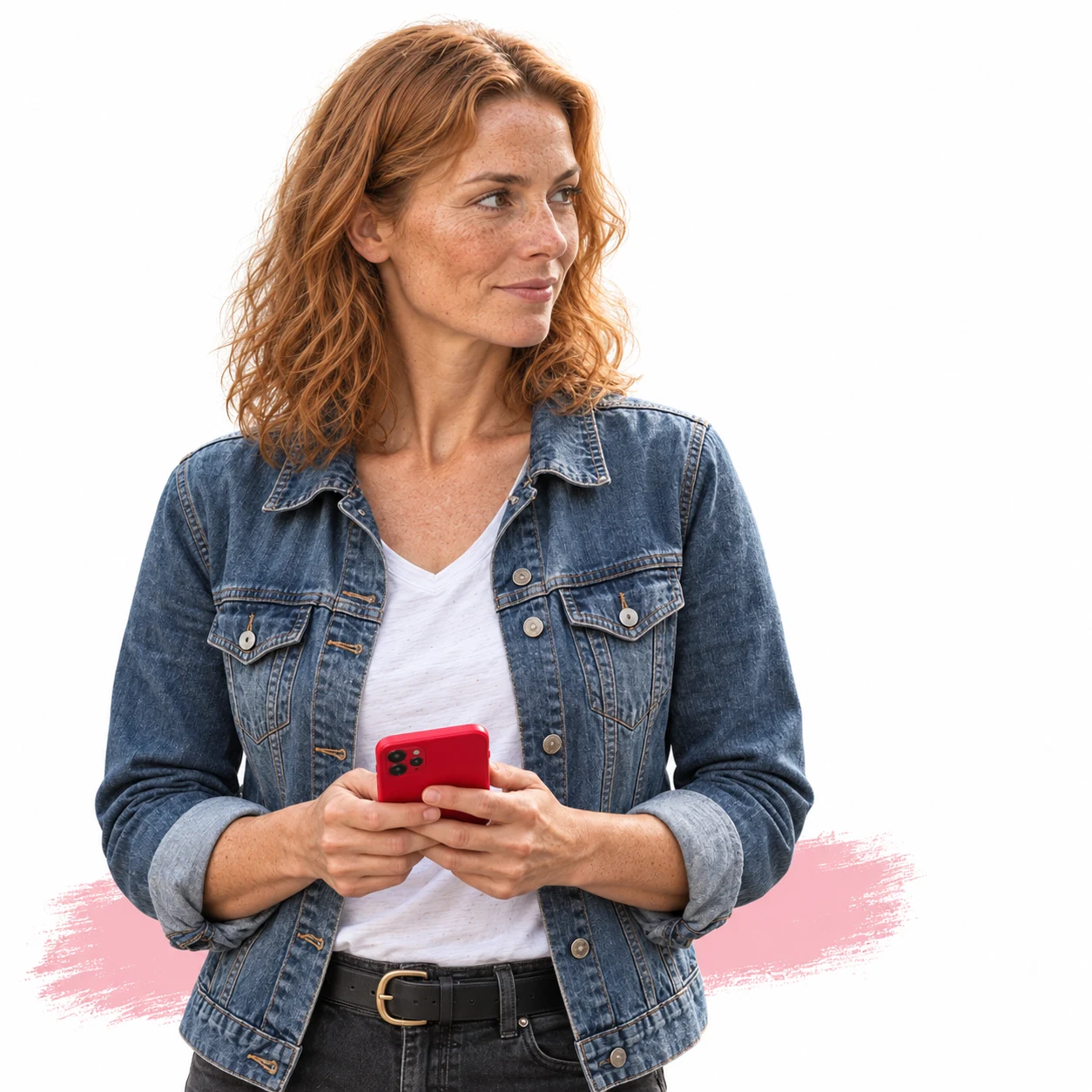 Dezelfde ondernemer houdt haar rode telefoon vast en kijkt naar rechts.