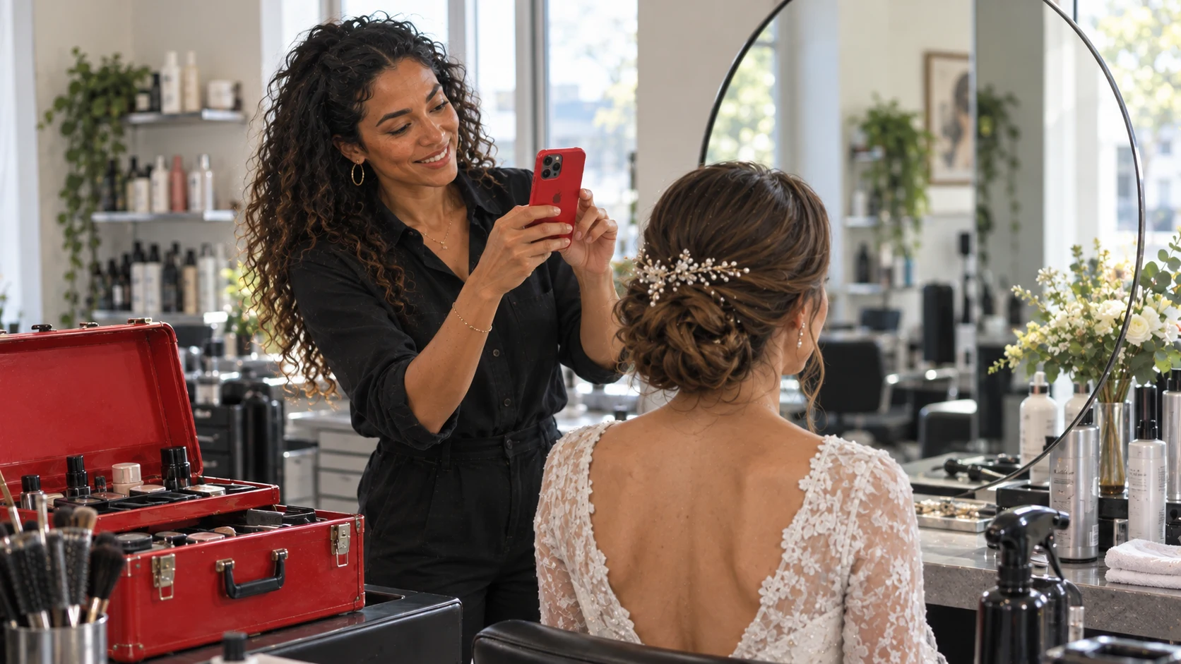 Salonondernemer fotografeert het opgestoken kapsel van een klant met haar rode telefoon.