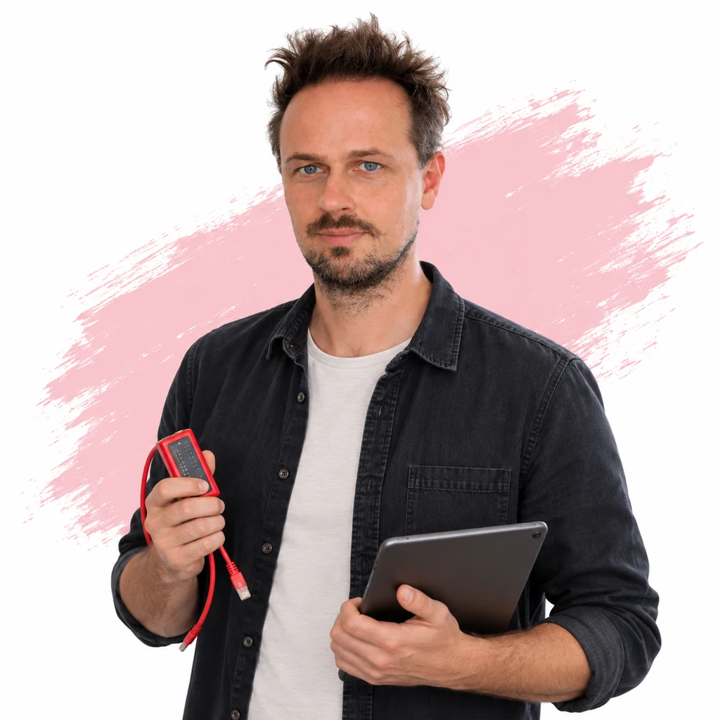 Jethro Morsink staat met een rode map voor een roze penseelvlak.