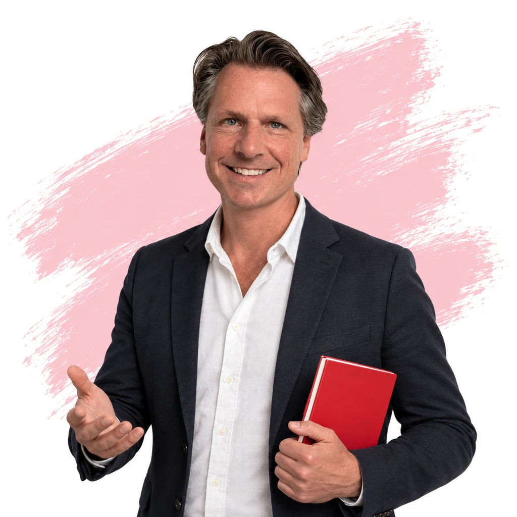 Joost Leijdekkers staat met een rode map voor een roze penseelvlak.