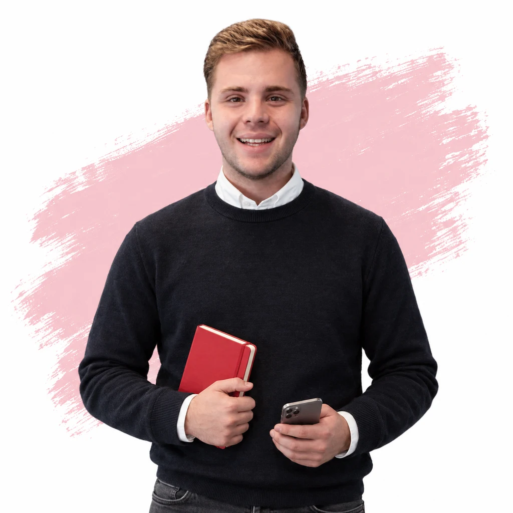 Marvin Oosterhof staat met een rode map voor een roze penseelvlak.