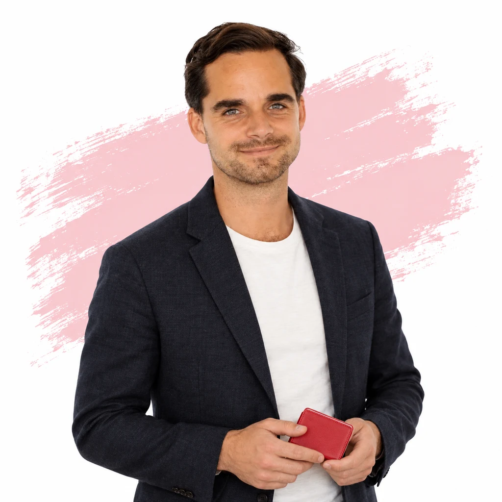 Max Verhoeven staat met een rode map voor een roze penseelvlak.