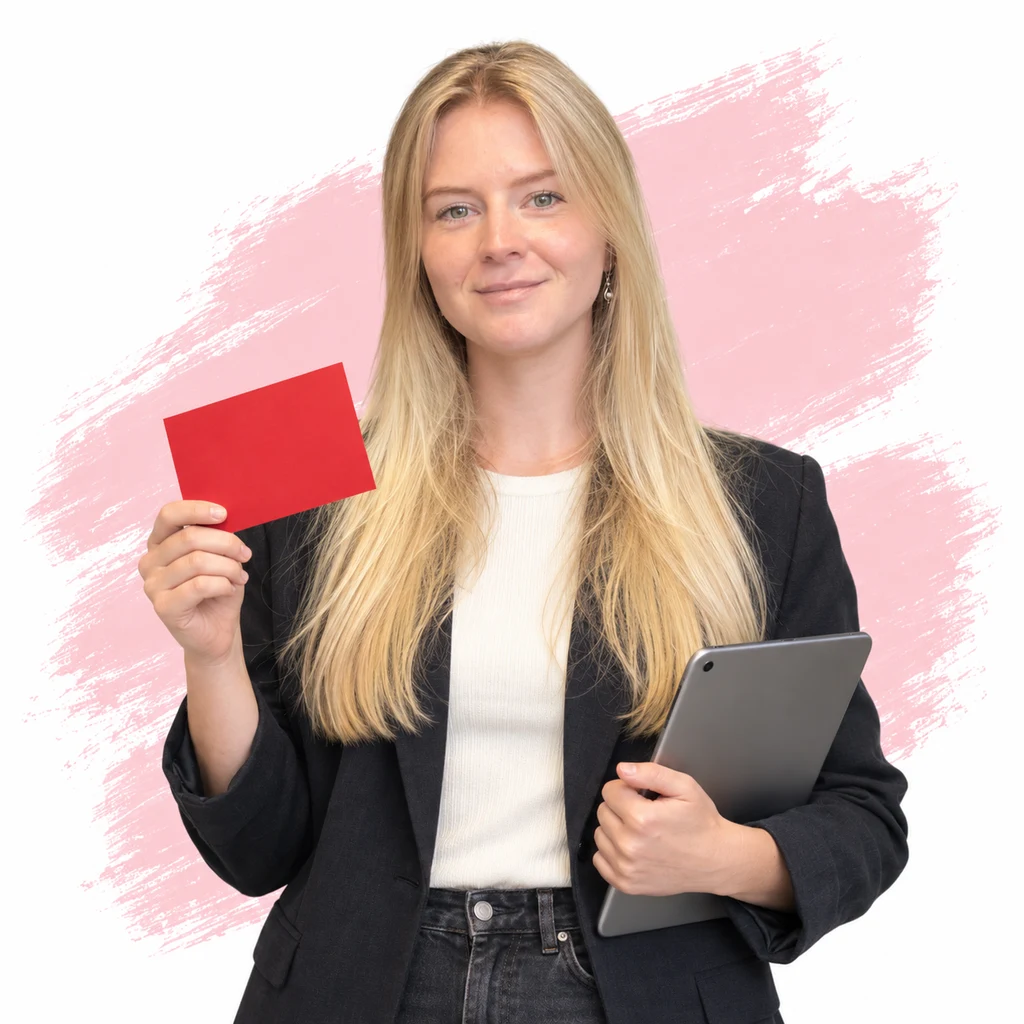 Mirjam Vis staat met een rode map voor een roze penseelvlak.