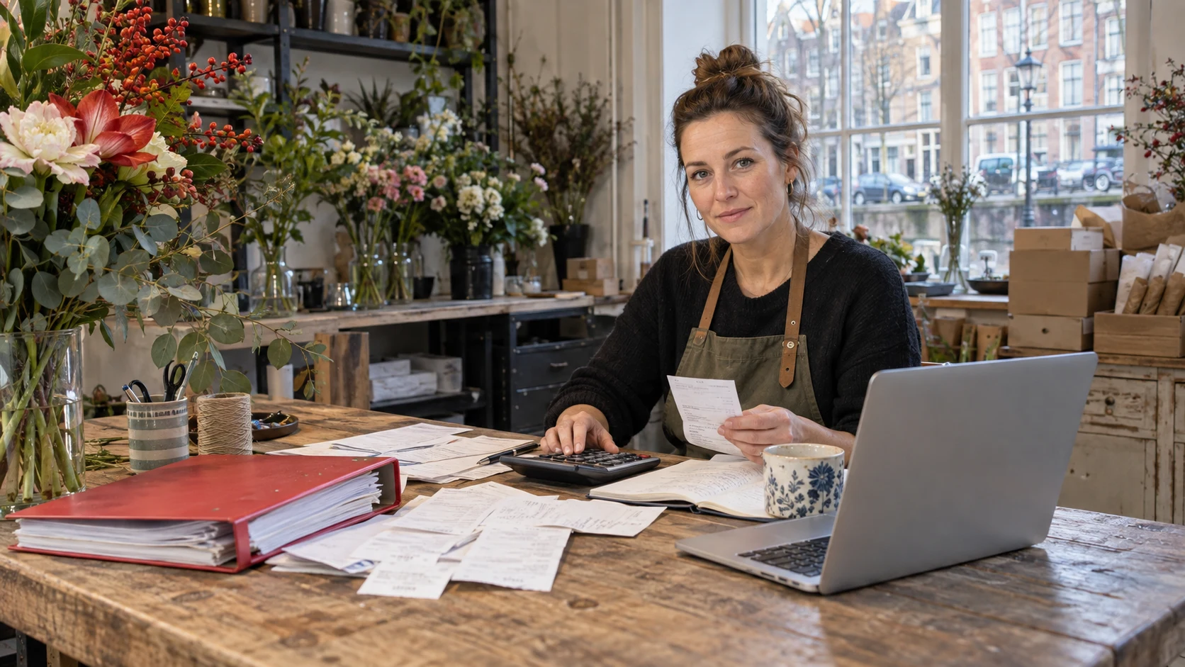 Winkelier controleert de administratie naast haar laptop en rode map.
