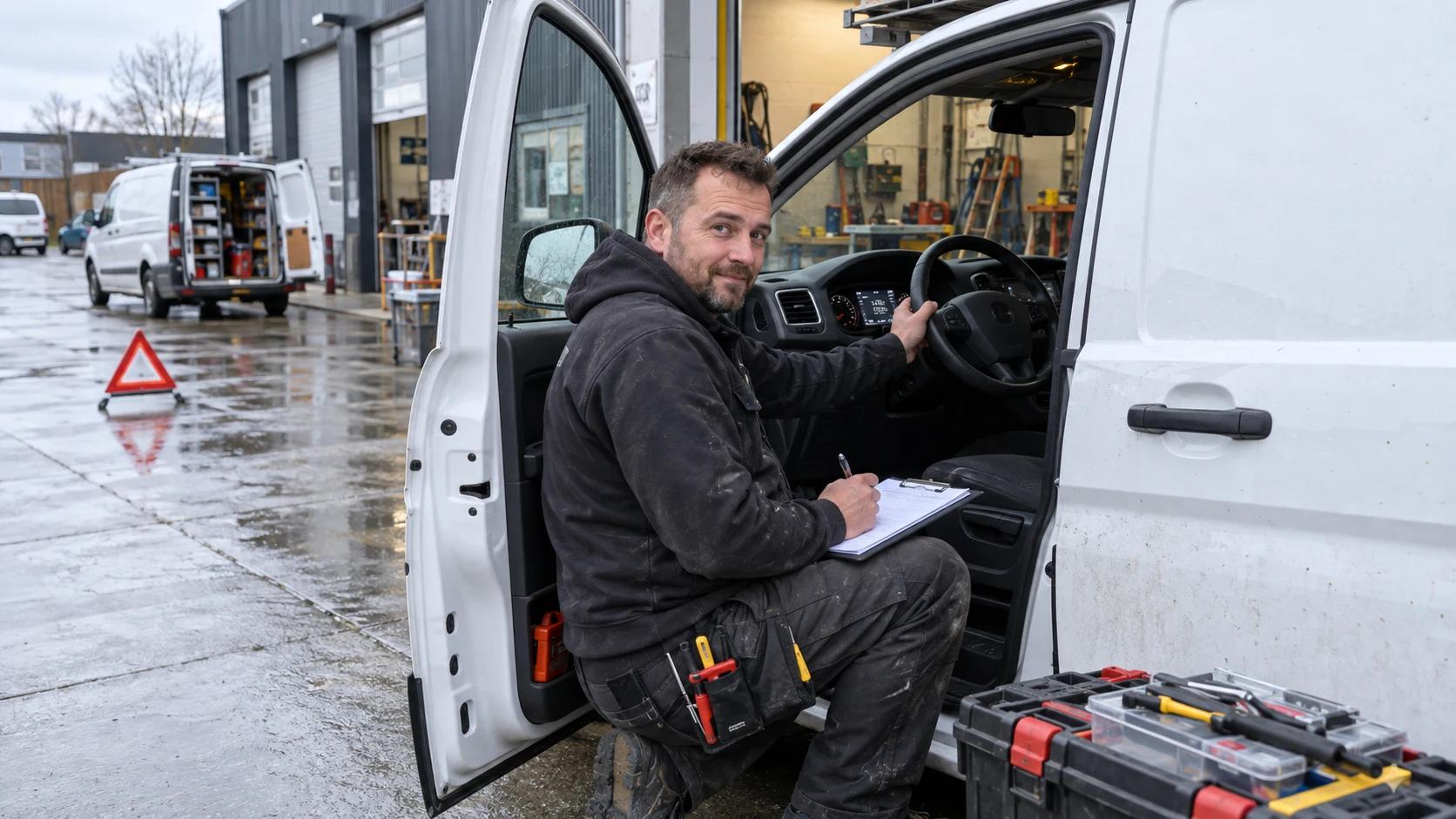 Vakman haalt gereedschapskisten uit een bedrijfsbus.