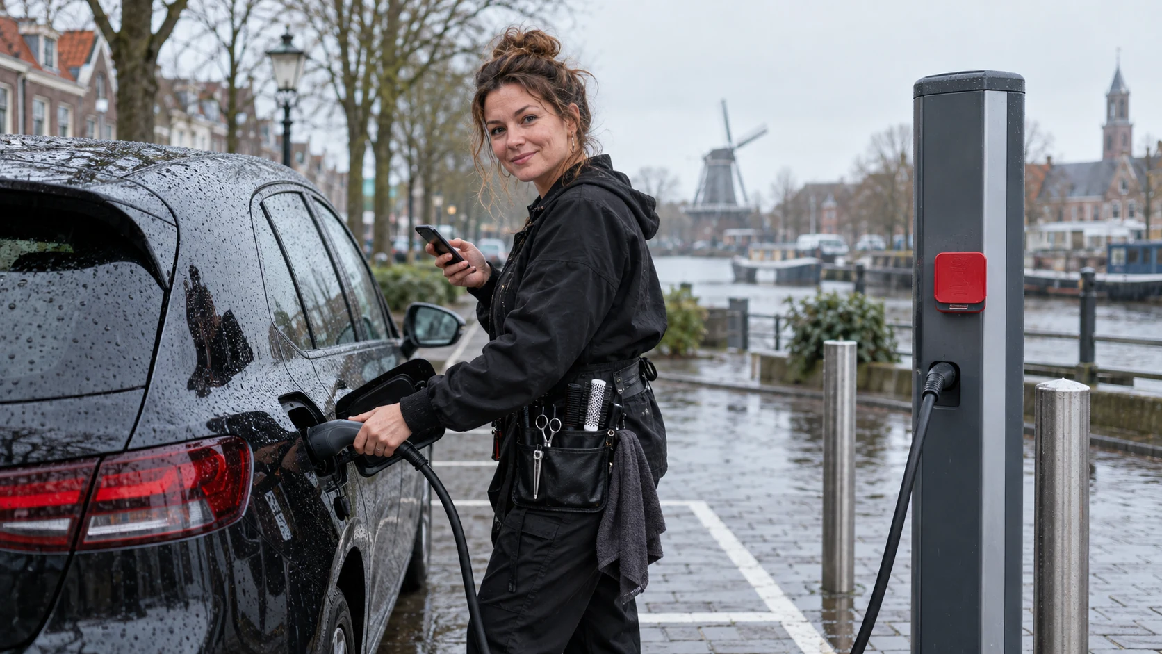 Ondernemer sluit een laadkabel aan op haar elektrische auto.