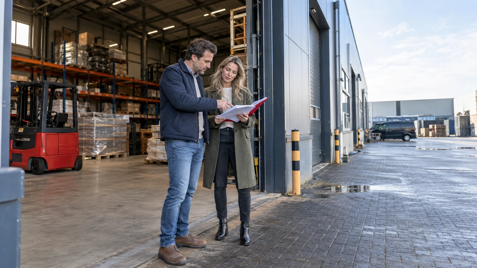 Twee ondernemers inspecteren met een tablet een bedrijfspand.