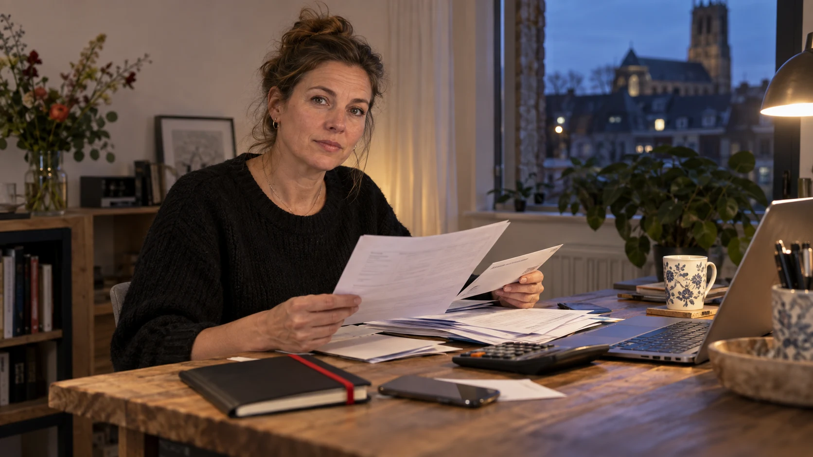 Ondernemer bestudeert vermogenspapieren aan haar keukentafel.