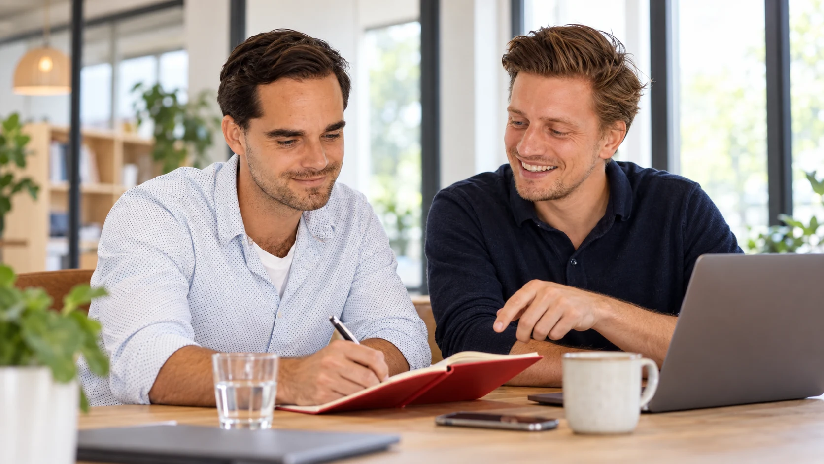 Twee ondernemers bespreken belastingwijzigingen bij een laptop.