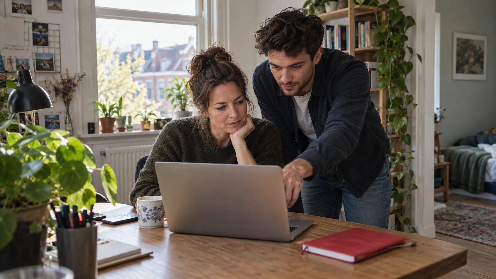 Twee ondernemers vergelijken financiële gegevens op een laptop.