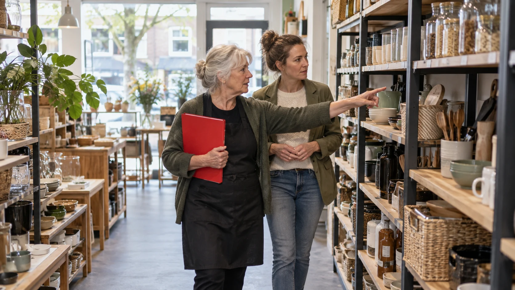 Twee ondernemers bekijken samen producten in een winkel.