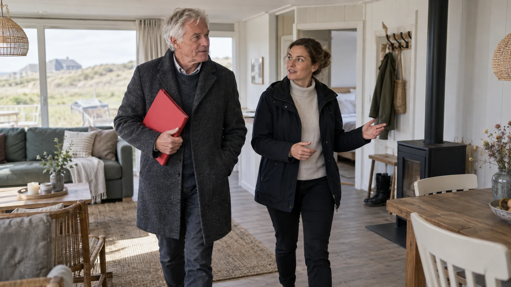 Oudere ondernemer en adviseur lopen door een vakantiewoning.