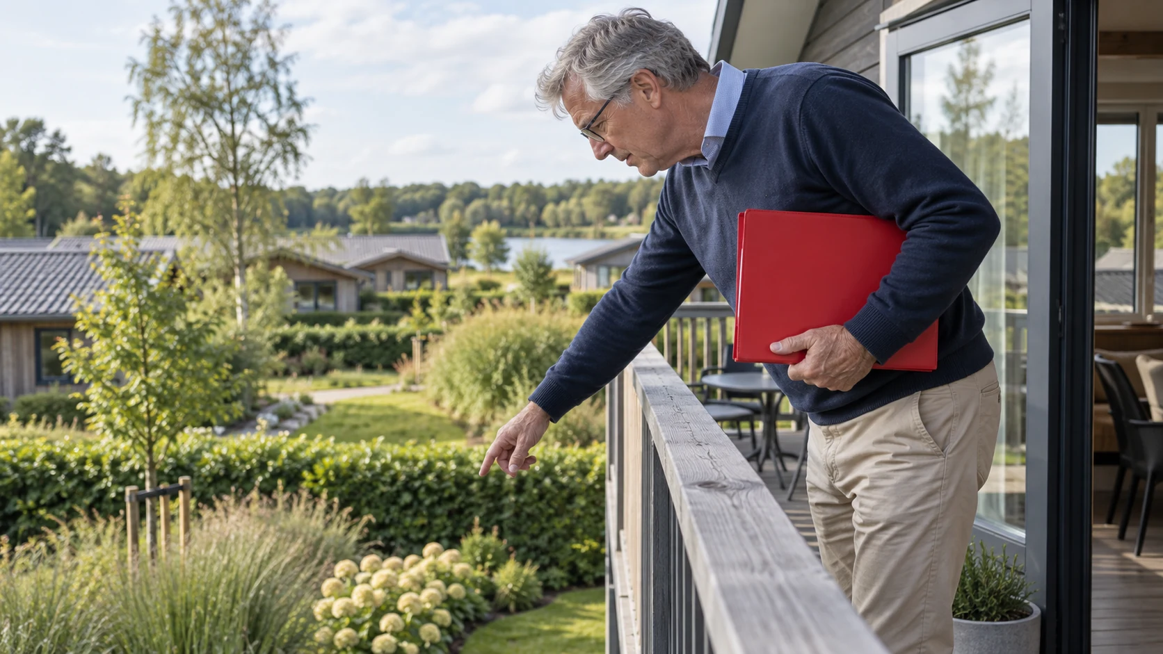 Ondernemer en adviseur bekijken de tuin van een vakantiewoning.