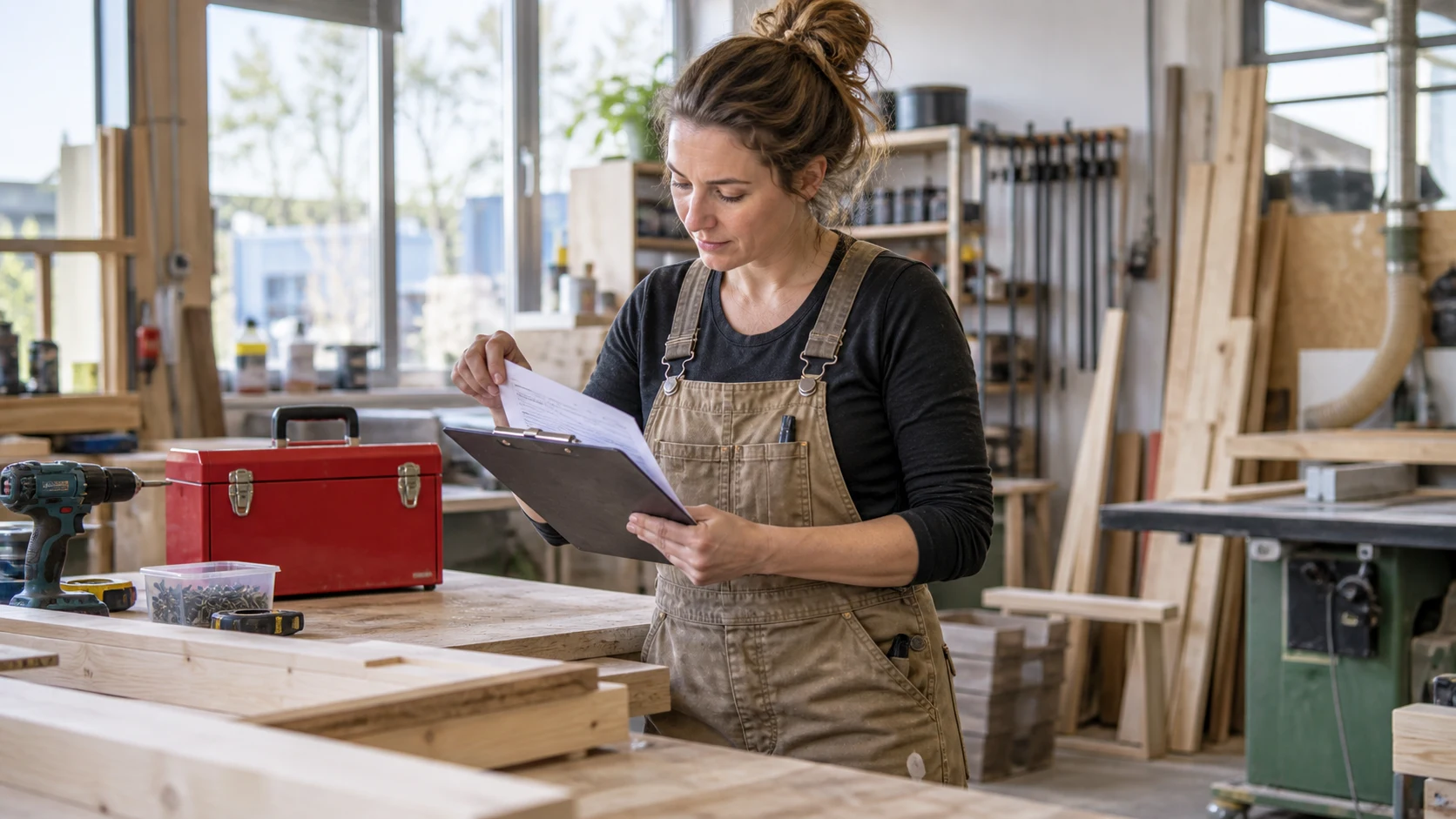 Meubelmaker controleert bonnetjes bij een rode gereedschapskist.