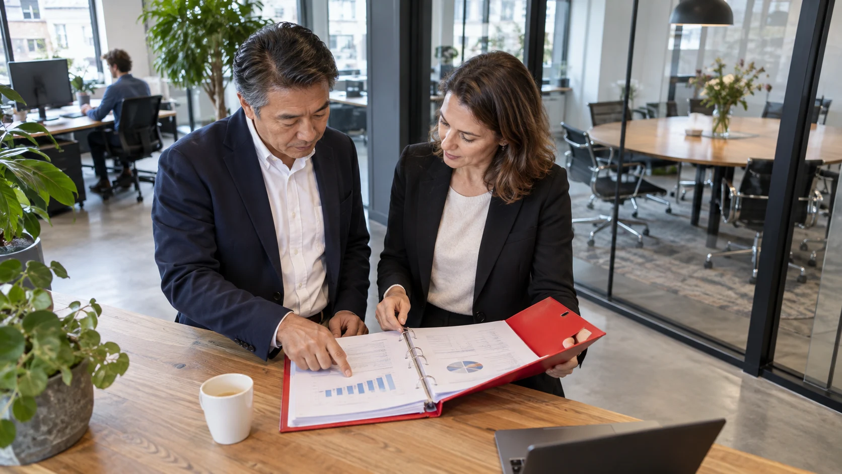 Ondernemer en adviseur vergelijken Europese btw-tarieven op papier.