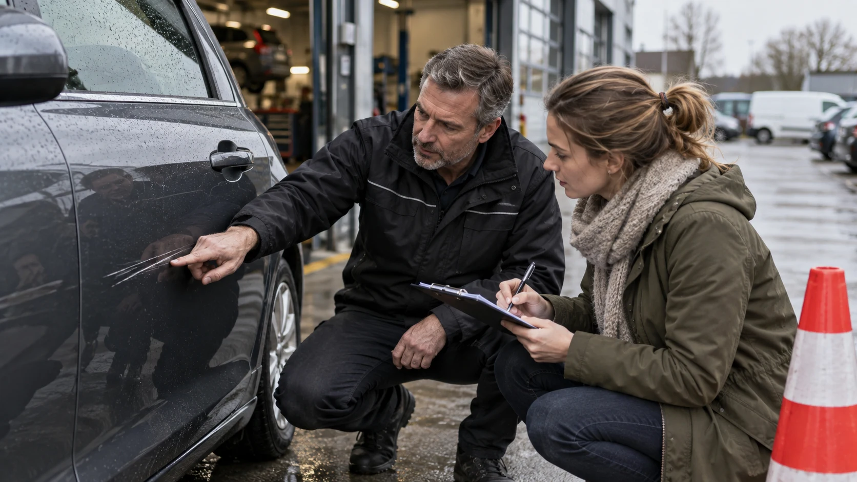 Ondernemer en medewerker inspecteren schade aan een bedrijfsauto.