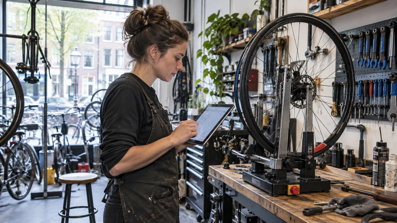 Fietsenmaker controleert een wiel in zijn werkplaats.