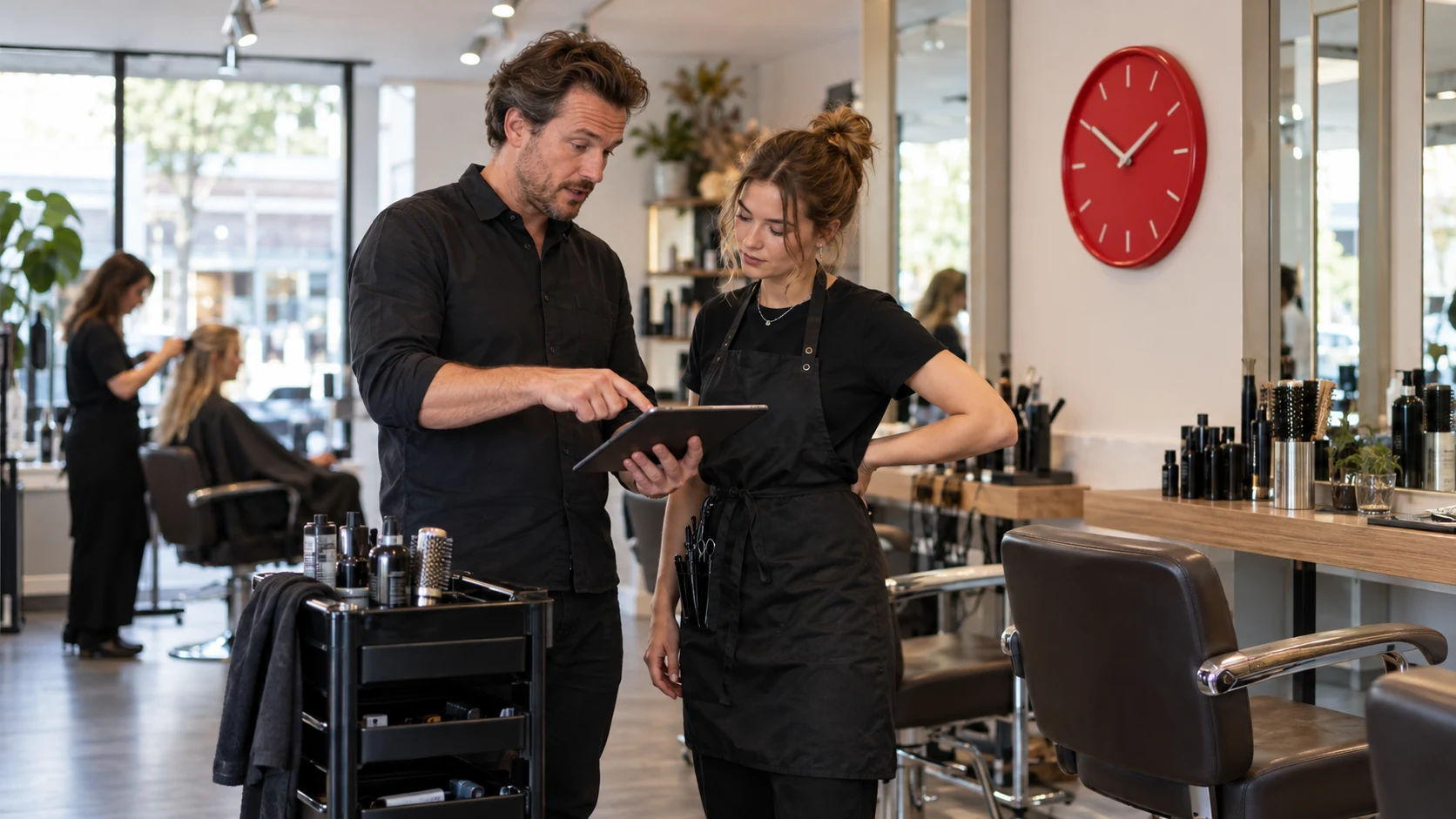Saloneigenaar bespreekt personeelsgegevens op een tablet met een medewerker.