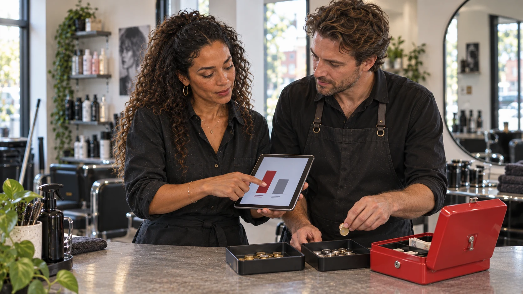 Salonondernemer bekijkt financiële gegevens op een tablet met haar adviseur.