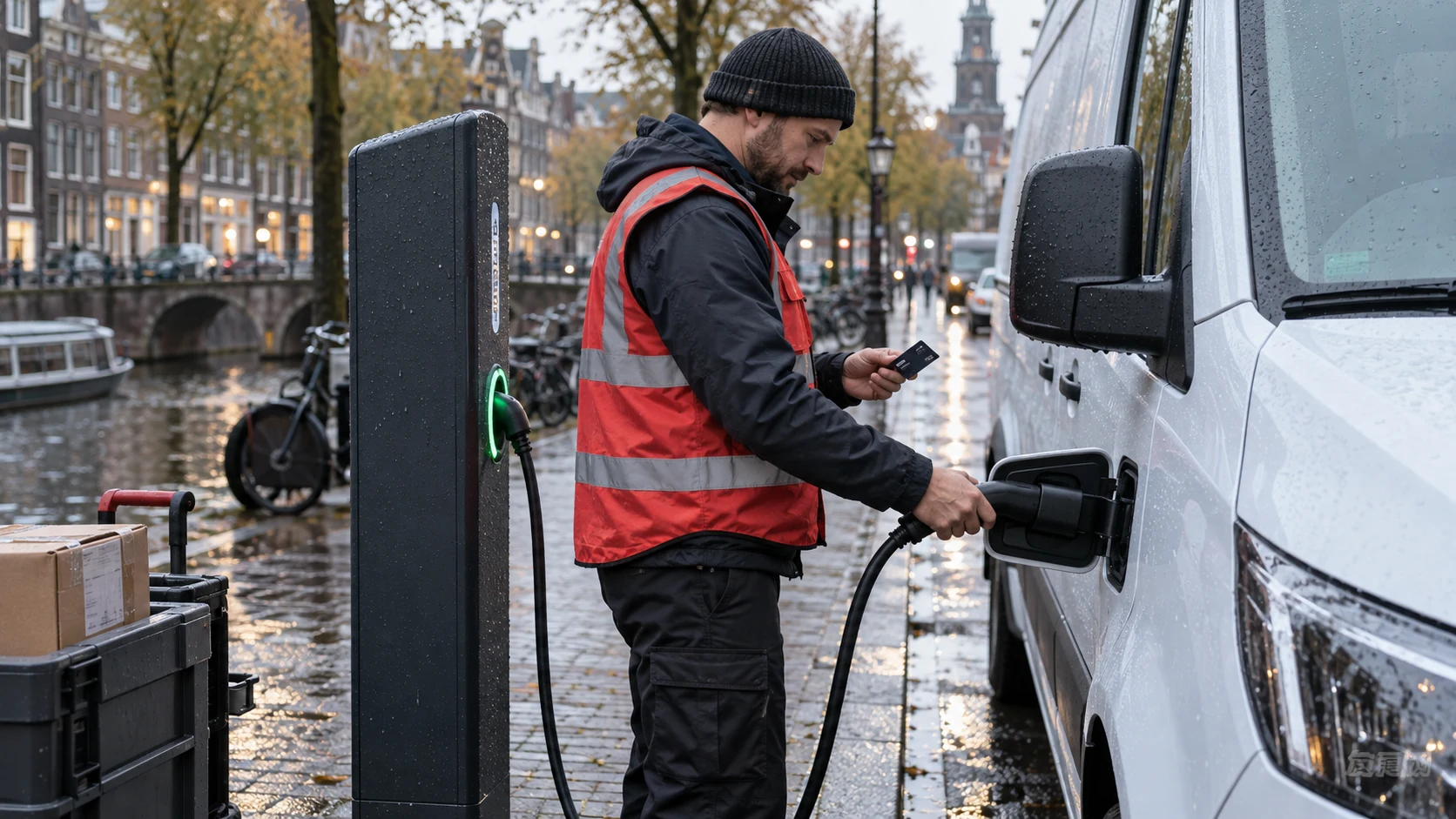Technicus sluit een kabel aan op een elektrische bedrijfsbus.