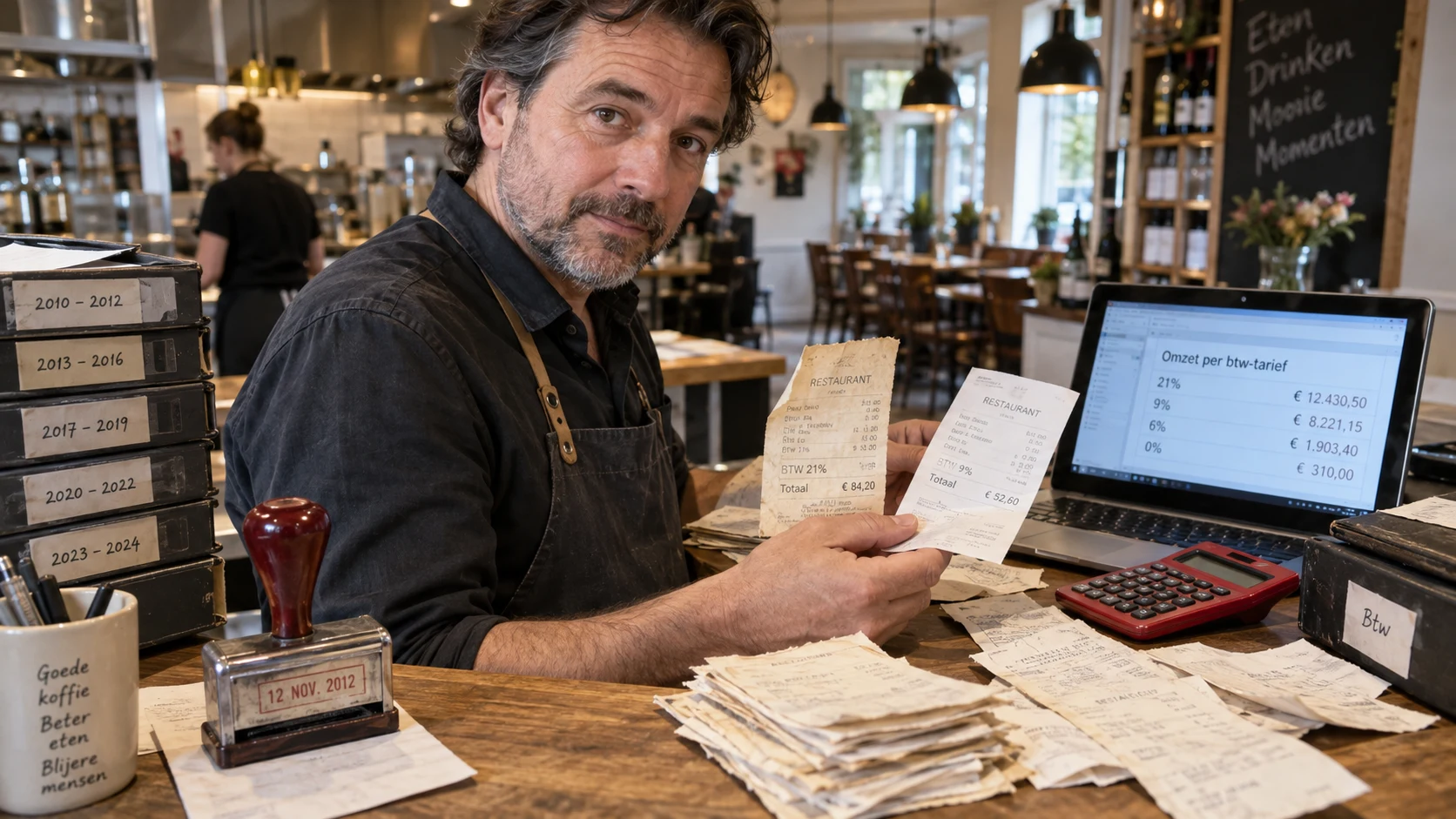 Horecaondernemer laat een kassabon zien achter de bar.