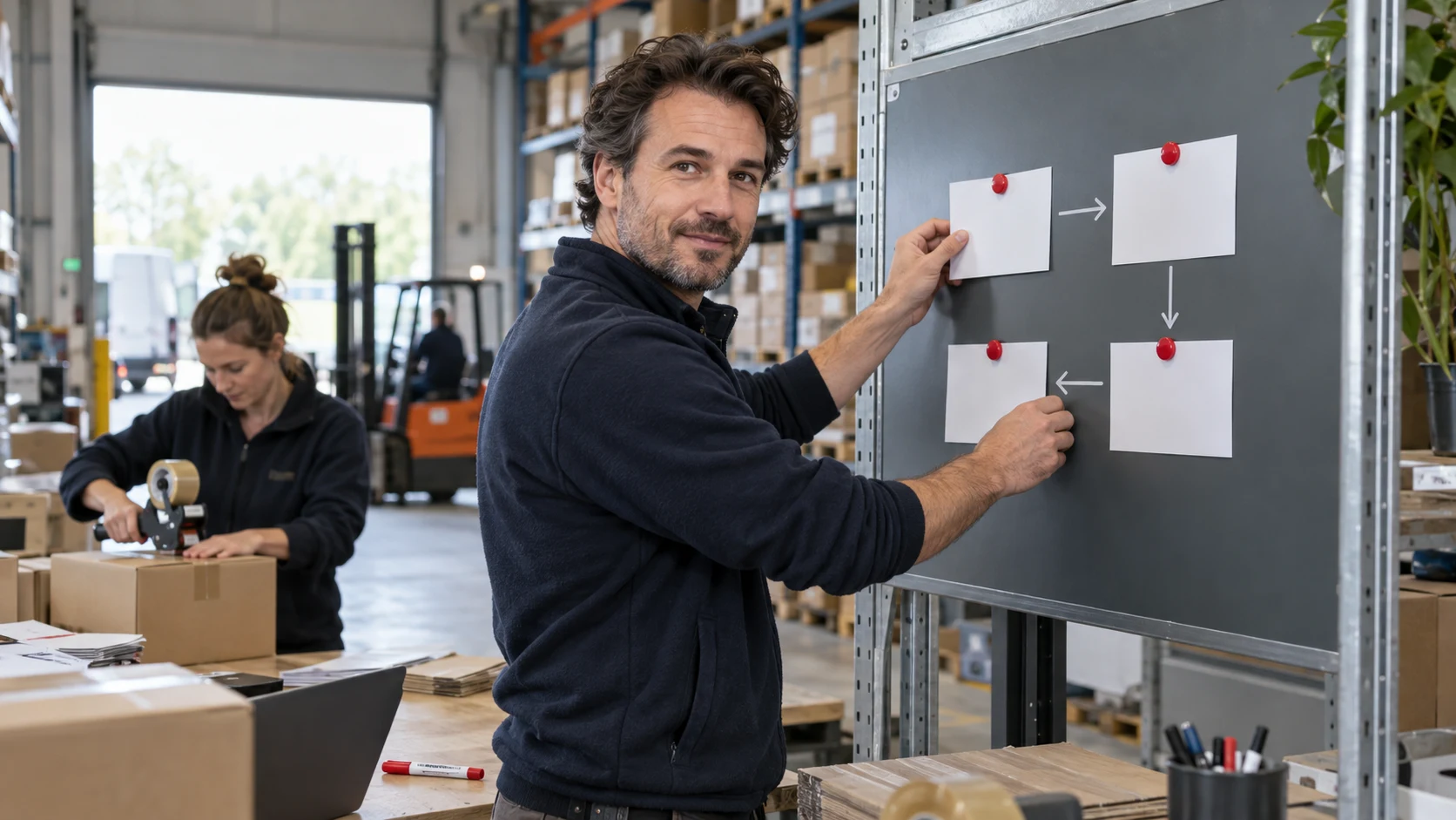 Ondernemer ordent processtappen op kaarten aan een planbord.