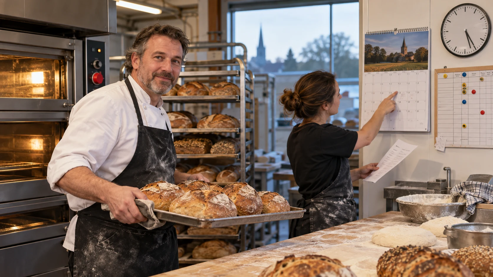Bakker draagt een volle bakplaat door zijn bakkerij.
