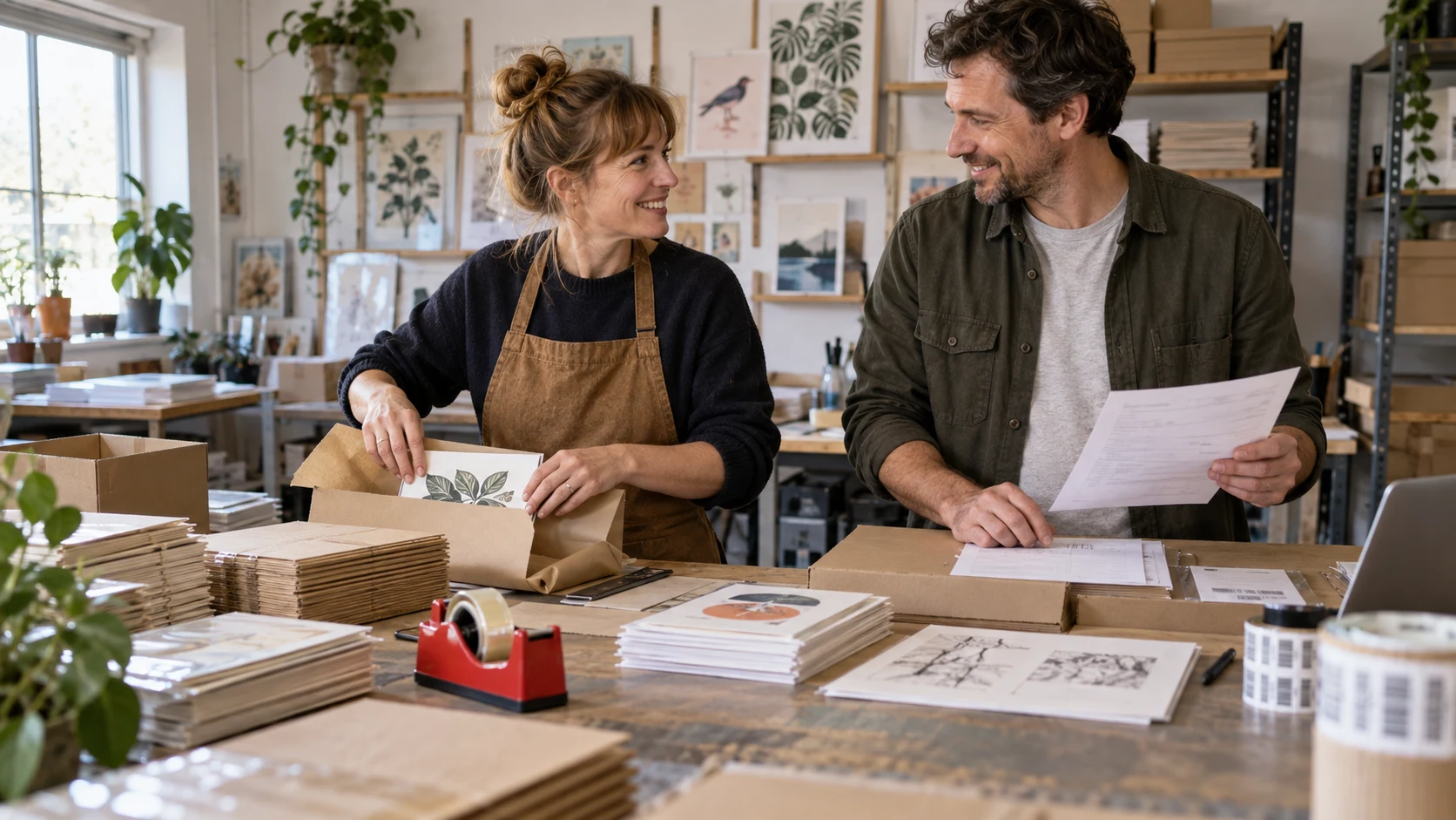 Twee makers beoordelen drukwerk en documenten aan een werktafel.
