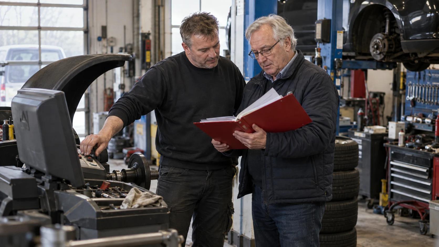 Twee garagemedewerkers bespreken documenten bij een auto op de brug.