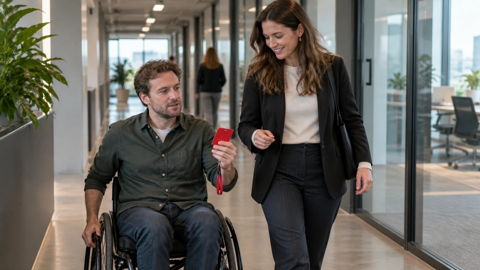 Ondernemer bespreekt een arbeidsregeling met een medewerker in een rolstoel.